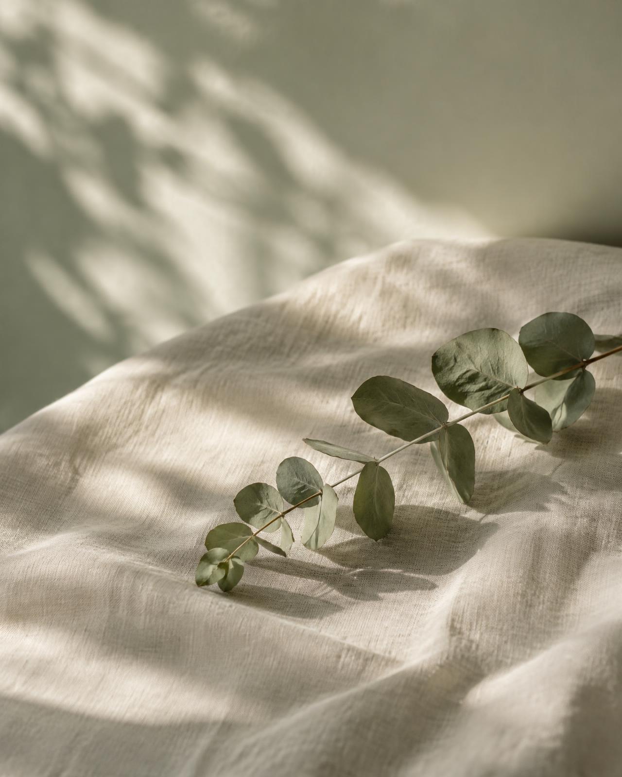 Soft morning light across warm linen with a sprig of eucalyptus
